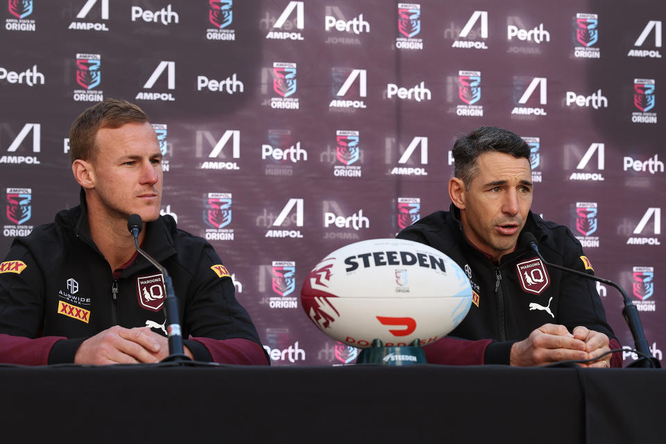Daly Cherry-Evans (pictured left) and coach and Billy Slater (pictured right) during a State of Origin media opportunity at Forrest Place on June 25, 2022 in Perth, Australia. 