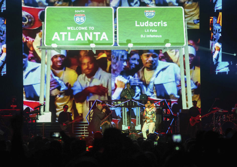 Jermaine Dupri, left, and Ludacris perform onstage at the Bud Light Super Bowl Music Fest at the State Farm Arena on Thursday, Jan. 31, 2019, in Atlanta. (Photo by Paul R. Giunta/Invision/AP)