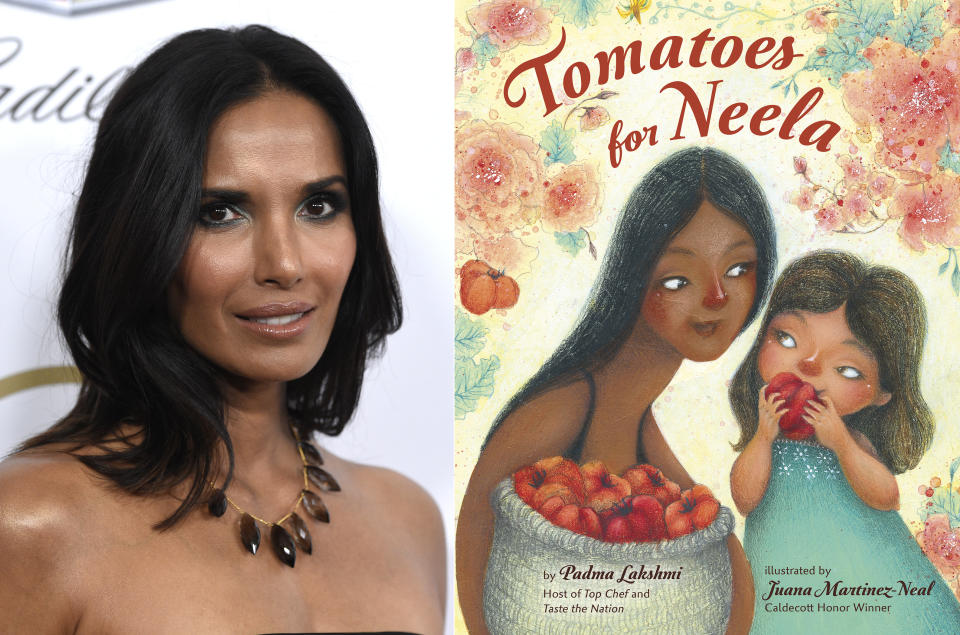 Padma Lakshmi appears at the Producers Guild Awards in Beverly Hills, Calif., on Jan. 19, 2019, left, and cover art for "Tomatoes for Neela," a children's book written by Lakshmi, with illustrations by Juana Martinez-Neal. The book mixes the author's memories of cooking with her family with practical food advice, a nod to farmworkers and even a pair of recipes. (AP Photo, left, and ‎ Viking Books for Young Readers via AP)