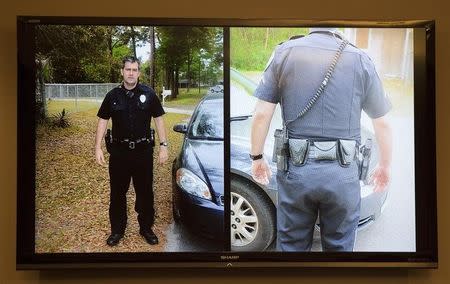 Photos are displayed by the prosecution show the appearance of Michael Slager in April, during bond hearing, in Charleston, South Carolina September 10, 2015. REUTERS/Randall Hill