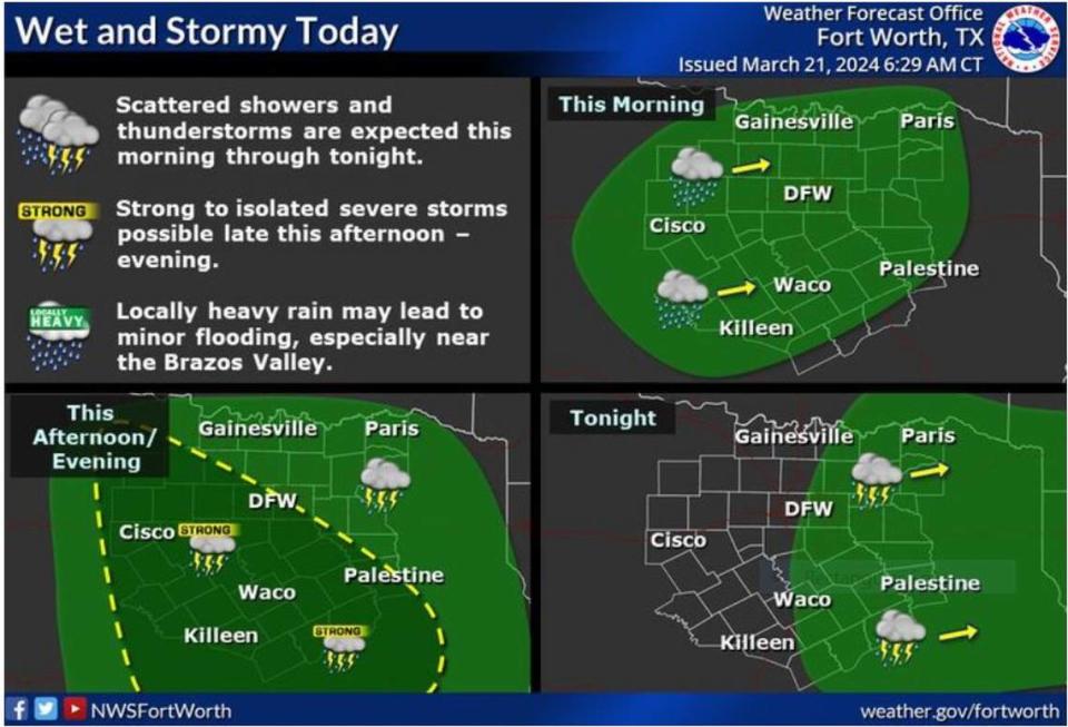 A rainy and stormy day is expected today. Expect rain showers this morning with thunderstorms developing in the afternoon/evening. A few storms may become strong to marginally severe and be capable of producing hail and gusty winds. National Weather Service