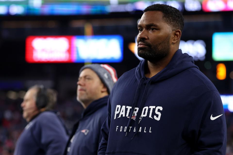 FOXBOROUGH, MASSACHUSETTS - DECEMBER 17: New England Patriots linebackers coach Jerod Mayo looks on from the sideline next to head coach Bill Belichik during the game against the Kansas City Chiefs  at Gillette Stadium on December 17, 2023 in Foxborough, Massachusetts. (Photo by Maddie Meyer/Getty Images)