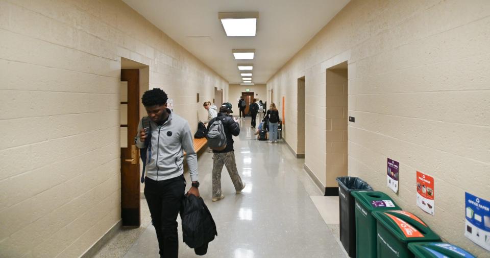 Students seen in Berkey Hall, Monday, Jan. 8, 2024, the first day Michigan State University reopened Berkey for student instruction since the Feb. 13 campus shooting.