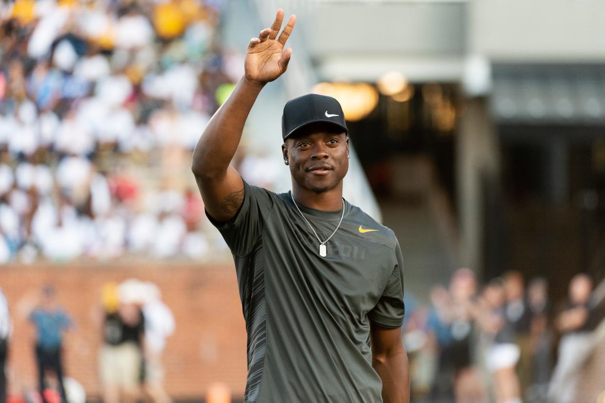 Former Missouri receiver Jeremy Maclin waves to the crowd during a game against Southeast Missouri State on Sept. 14, 2019, at Faurot Field.