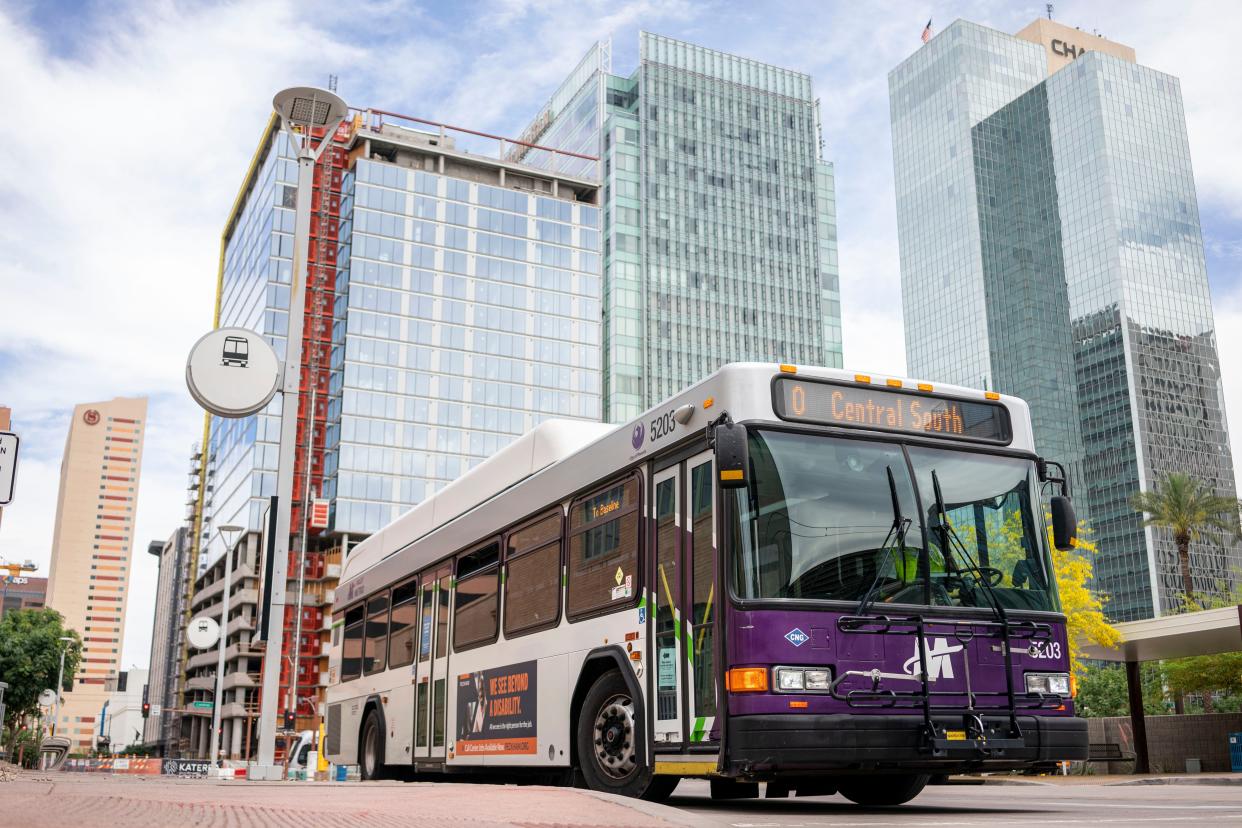 Few people rides in a bus in downtown Phoenix. Valley Metro Transit System will be reducing their services. 