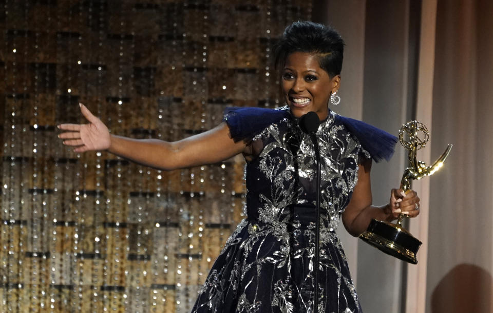 FILE - Tamron Hall accepts the award for outstanding informative talk show host for "Tamron Hall" at the 49th annual Daytime Emmy Awards on June 24, 2022, in Pasadena, Calif. The “Tamron Hall” show is in its fourth season. (AP Photo/Chris Pizzello, File)