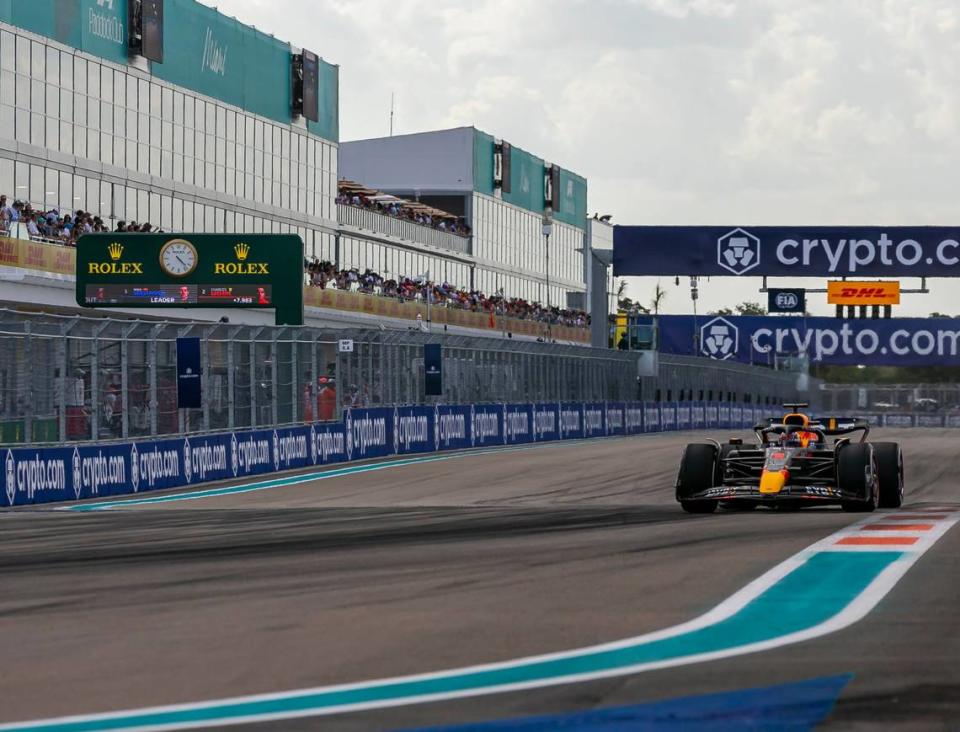 Red Bull driver Max Verstappen of the Netherlands makes his way around the circuit during the inaugural Formula One Miami Grand Prix at the Miami International Autodrome in Miami Gardens, Florida on Sunday, May 8, 2022.