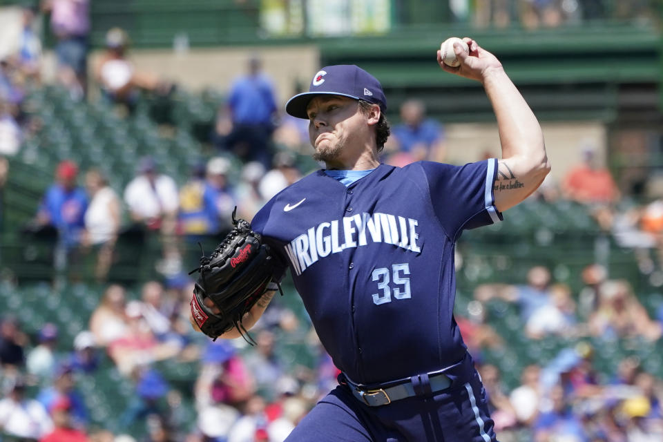 Chicago Cubs starting pitcher Justin Steele delivers during the first inning of a baseball game against the Miami Marlins Friday, Aug. 5, 2022, in Chicago. (AP Photo/Charles Rex Arbogast)