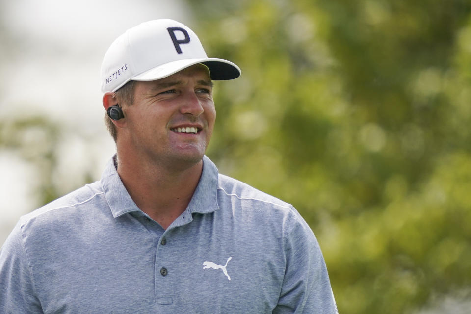 Bryson DeChambeau stands at the second tee during practice before the U.S. Open Championship golf tournament at Winged Foot Golf Club, Monday, Sept. 14, 2020, in Mamaroneck, N.Y. (AP Photo/John Minchillo)