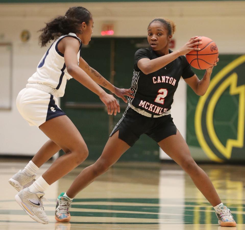 McKinley's Paris Stokes looks to pass against Solon during a Division I regional semifinal at Medina High School, Tuesday, Feb. 28, 2023.