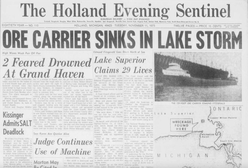 The front page of the Nov. 11, 1975, edition of The Holland Evening Sentinel.