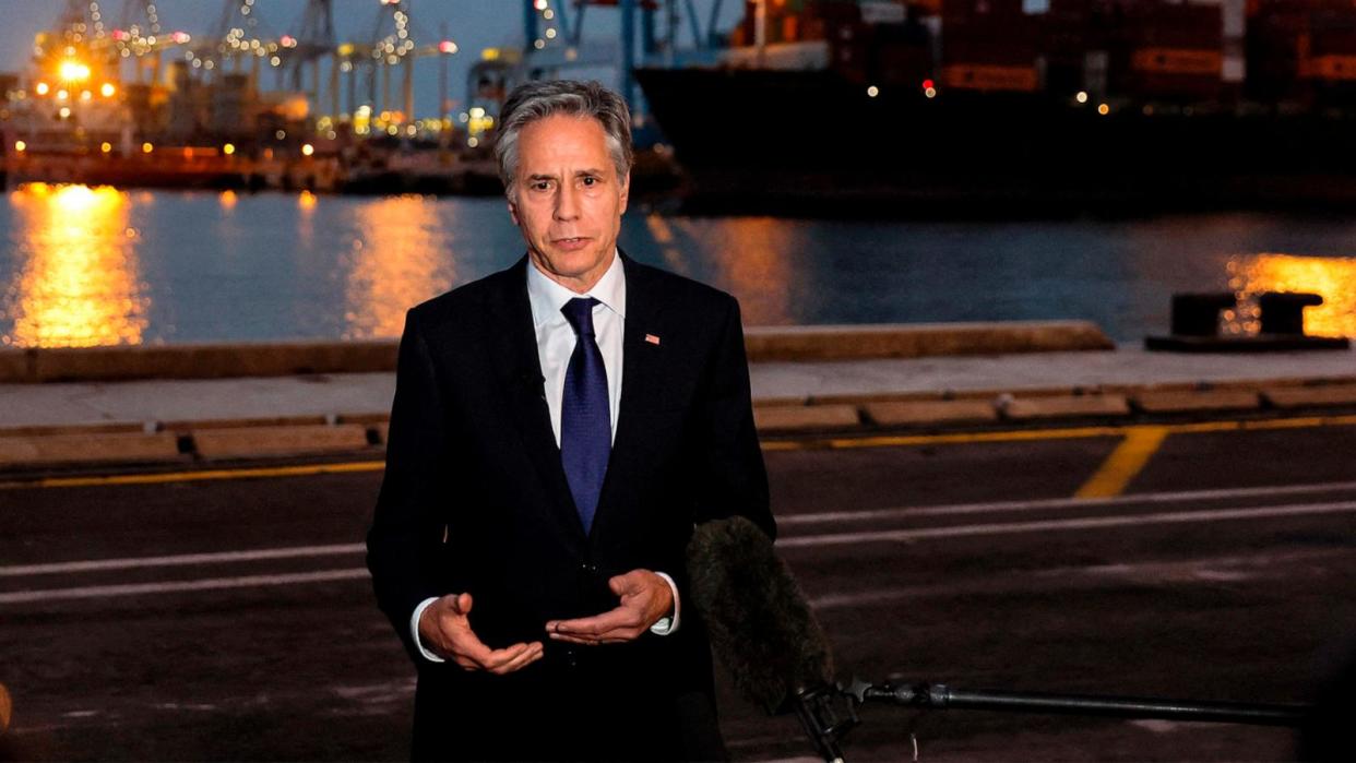 PHOTO: US Secretary of State Antony Blinken speaks to the press at the port of Ashdod in southern Israel, on May 1, 2024. (Evelyn Hockstein, POOL via AFP via Getty Images, FILE)
