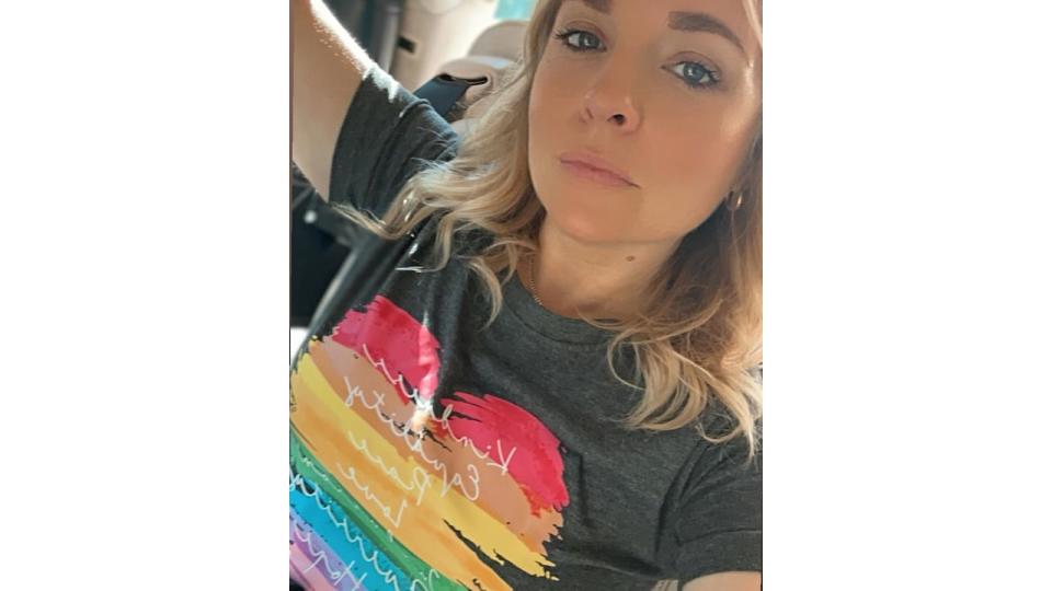 Georgia Tennant wearing a Pride T-shirt 