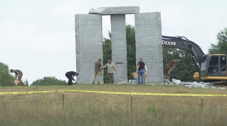 The Georgia Guidestones after an explosion destroyed part of the monument (WXIA/11Alive)