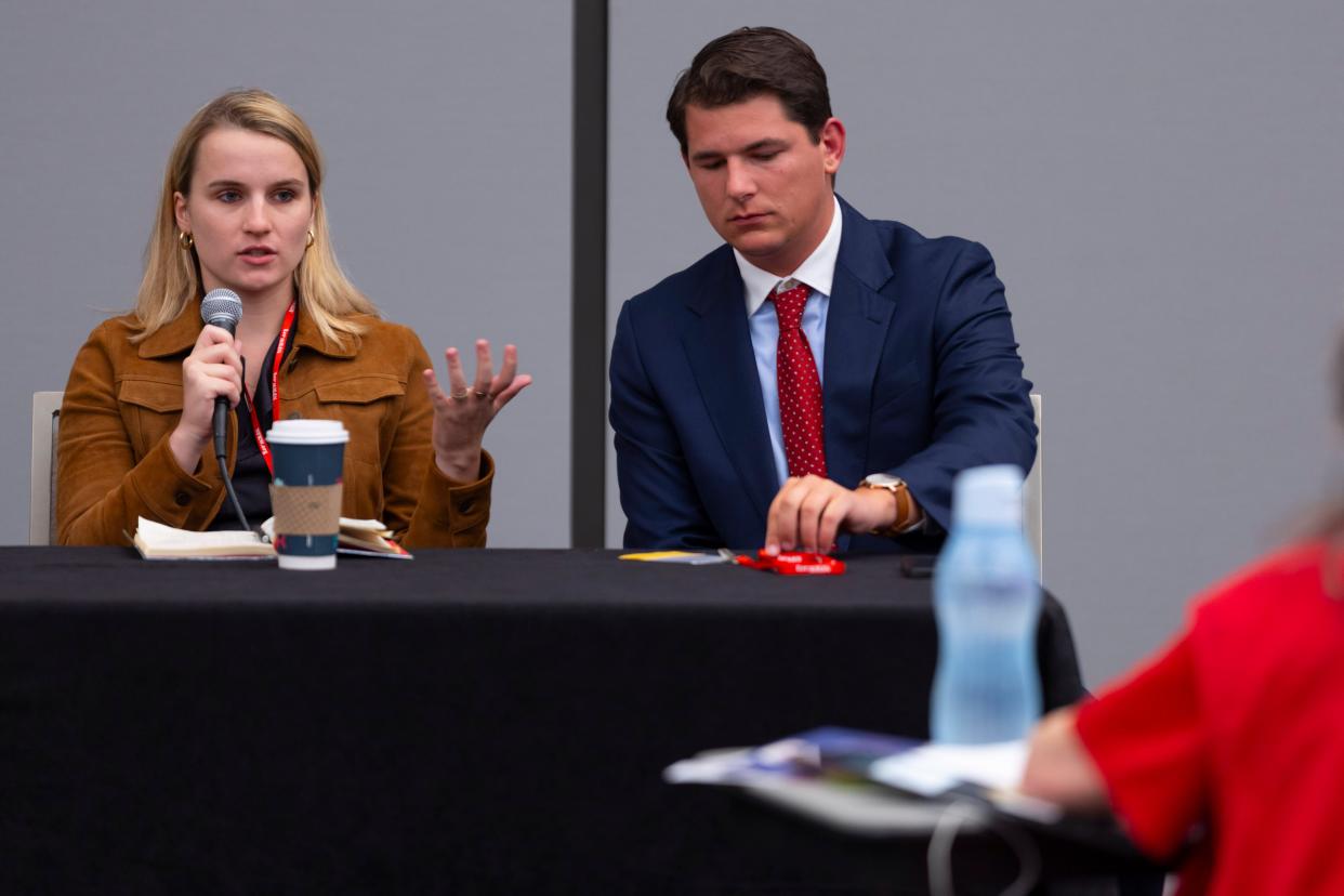 Julie Hartman, left, speaks beside Joe Mitchell during a youth outreach workshop at the National Federation of Republican Women's 42nd Biennial Convention at the Omni Hotel and Oklahoma City Convention Center, Saturday, Sept. 30, 2023.