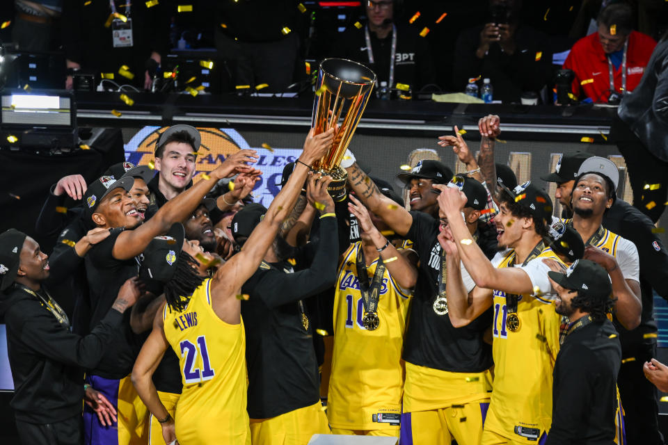 LAS VEGAS, NEVADA – DECEMBER 9: The Los Angeles Lakers win the first NBA Cup after the NBA In-Season Tournament Finals game between the Los Angeles Lakers and the Indiana Pacers at T-Mobile Arena in Las Vegas, Nevada, USA, on December 9, 2023. (Photo by Tayfun Coskun/Anadolu via Getty Images)