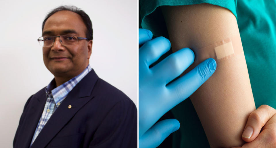 (left) A photo of Dr Mukesh Haikerwal (right) A close up of an arm with a bandaid after receiving a vaccine 