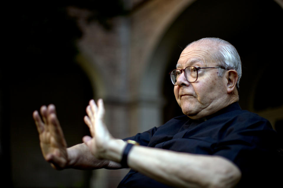 In this Nov. 29, 2013 photo, Jesuit Priest and theologian Juan Carlos Scannone poses for a picture at the garden of the Colegio Maximo in Buenos Aires, Argentina. Scannone taught Jorge Mario Bergoglio, now Pope Francis, Greek and literature. He nowadays teaches at the university of philosophy and theology at the Colegio Maximo, which is part of the company of the Jesuits. (AP Photo/Natacha Pisarenko)