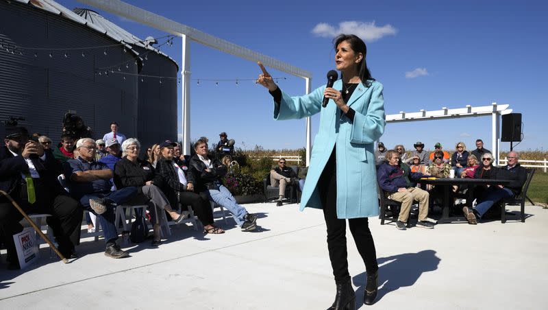 Republican presidential candidate and former South Carolina Gov. Nikki Haley speaks during a town hall, Monday, Oct. 9, 2023, in Boone, Iowa.