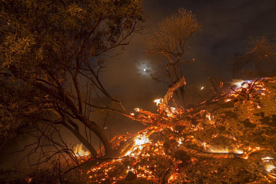 Flames spread on a moonlit night at the La Tuna Fire on Sept. 2, 2017 near Burbank, California.&nbsp; (Photo: David McNew via Getty Images)