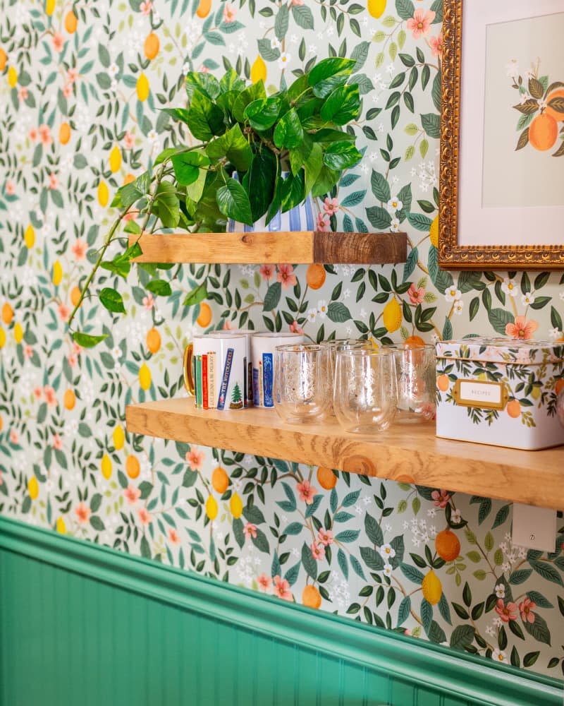 Colorful citrus wallpaper in newly renovated kitchen.