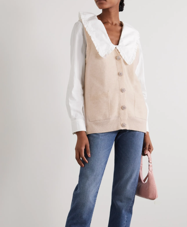 GANNI Crystal-Embellished Cashmere Vest in Sand (Photo via Net-A-Porter)