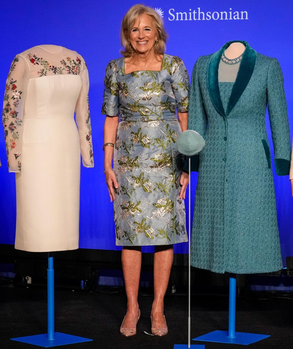 First Lady Jill Biden smiles during an event to present her Inauguration Day attire to the Smithsonian's First Ladies collection at the Smithsonian National Museum of American History on January 25, 2023 in Washington, DC. Presenting the first lady's inauguration attire at the Smithsonian is a tradition dating back to Helen Taft in 1912.