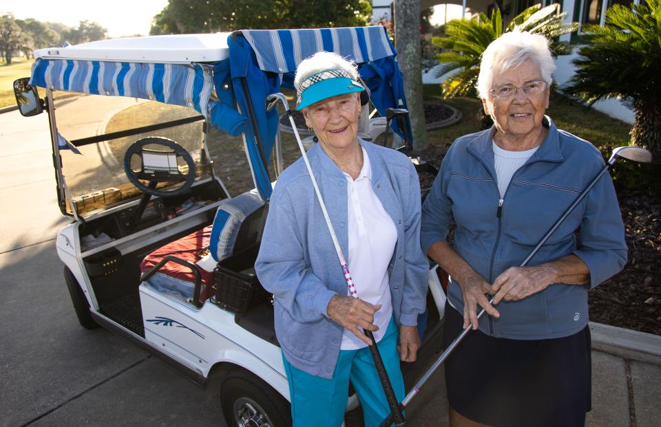 Amy Faulkner, 94, left, and Peggy Toye, 92, are members of the Preserve Golf Club Nine Hole Ladies. The group is part of a bigger group called Golf Around, formed in 1963.