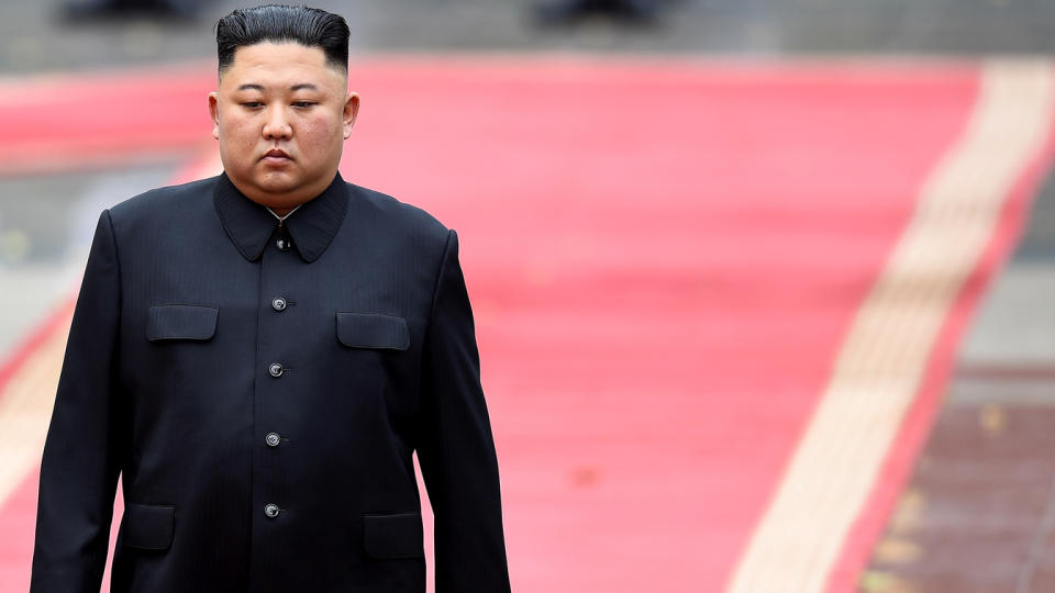 North Korea's leader Kim Jong Un attends a welcoming ceremony and review an honour guard at the Presidential Palace in Hanoi on March 1, 2019. (Manan Vatsyayana/AFP via Getty Images)