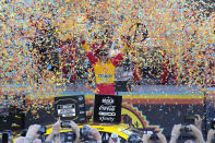 Joey Logano celebrates after winning a NASCAR Cup Series auto race and championship Sunday, Nov. 6, 2022, in Avondale, Ariz. (AP Photo/Rick Scuteri)