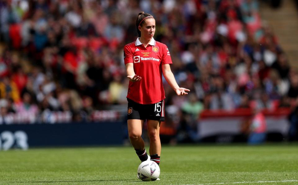 Maya Le Tissier of Manchester United in action during the Vitality Women's FA Cup Final match between Chelsea and Manchester United at Wembley Stadium on May 14, 2023 in London - Getty Images/Charlotte Tattersall