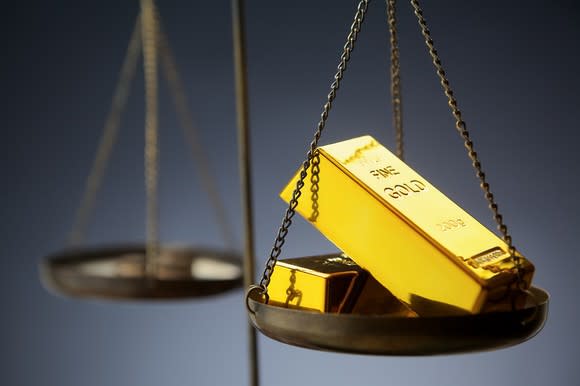 Gold ingots on a balance scale.