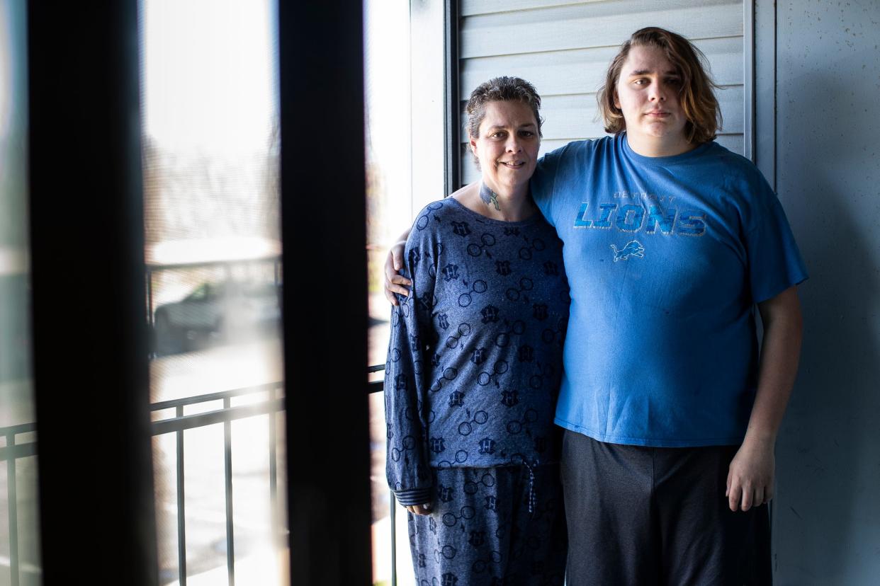 Jenny Bowden and her son at their home in Ypsilanti on Friday, April 19, 2024.
