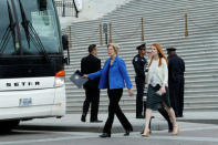 U.S. Senator Elizabeth Warren (D-MA) walks to a Senate caravan bus from Capitol Hill to attend a North Korea briefing at the White House, in Washington, U.S., April 26, 2017. REUTERS/Yuri Gripas