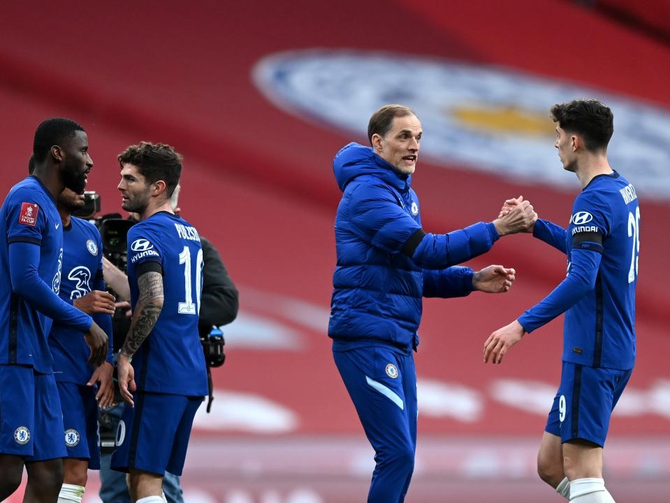 Chelsea coach Thomas Tuchel (second right) celebrates with his players (The FA via Getty Images)