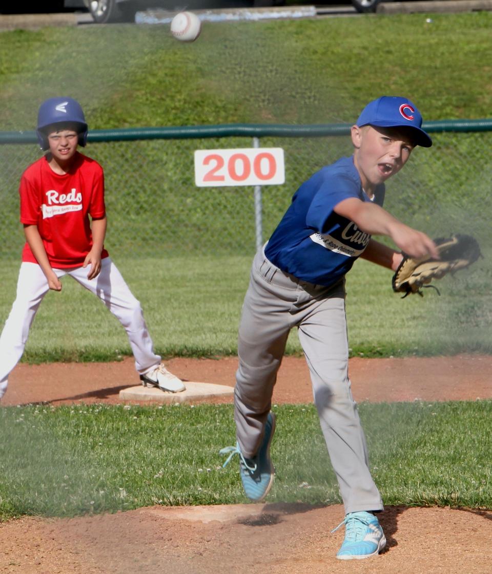 Kane Hobson throws a pitch during the Cubs-Reds game Monday, May 13, 2024, at Wylie Park.