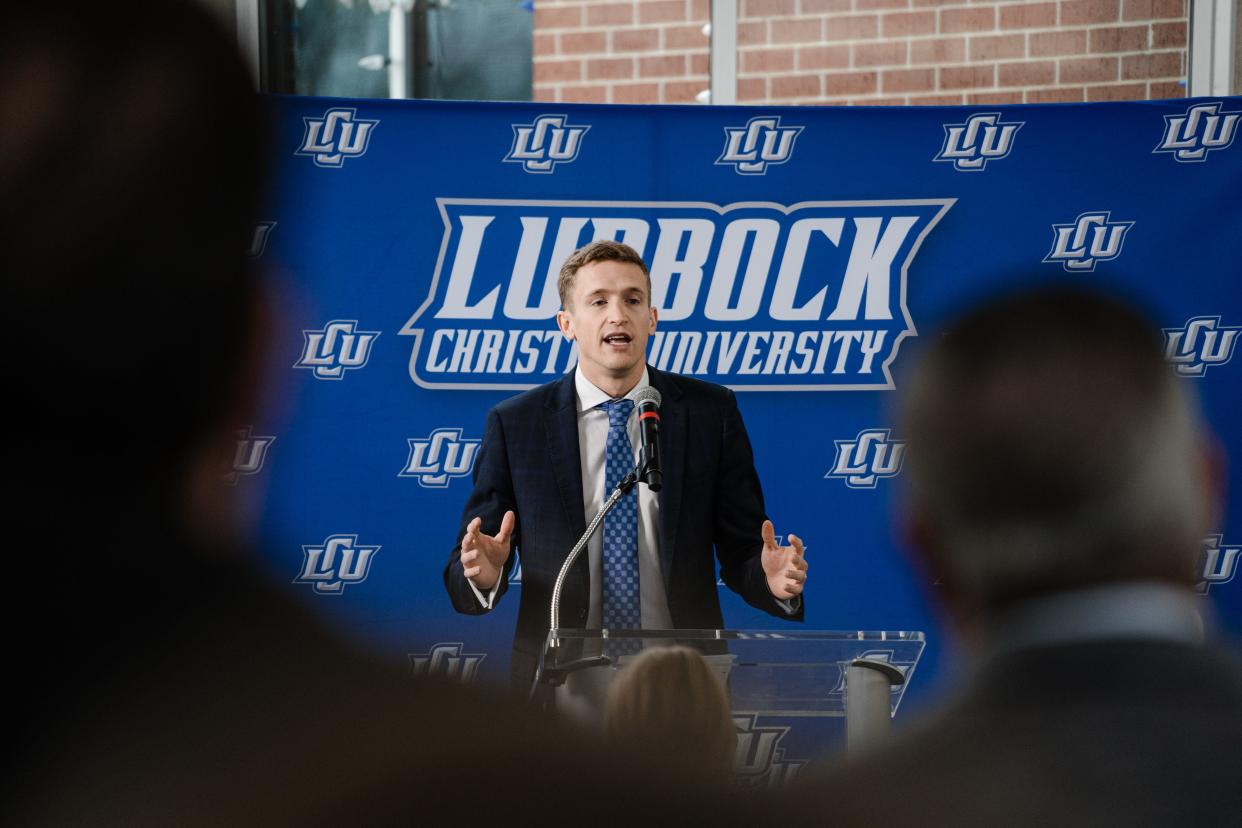 Andrew Sorrells speaks at an introductory press conference on Thursday at which he was named the Lubbock Christian University athletics director. Sorrells, 27, is a former Texas Tech basketball player and a former associate director with the Red Raider Club.