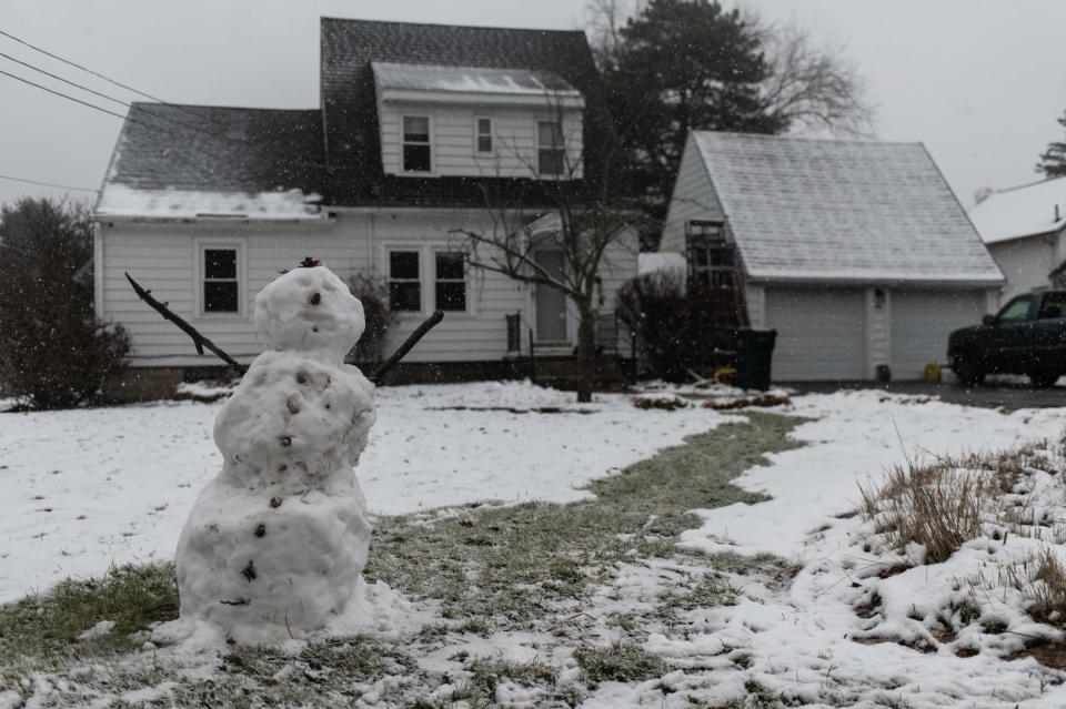 A snowman seen on West Mount Hope Avenue in Lansing, Friday afternoon, Jan. 12, 2024.
