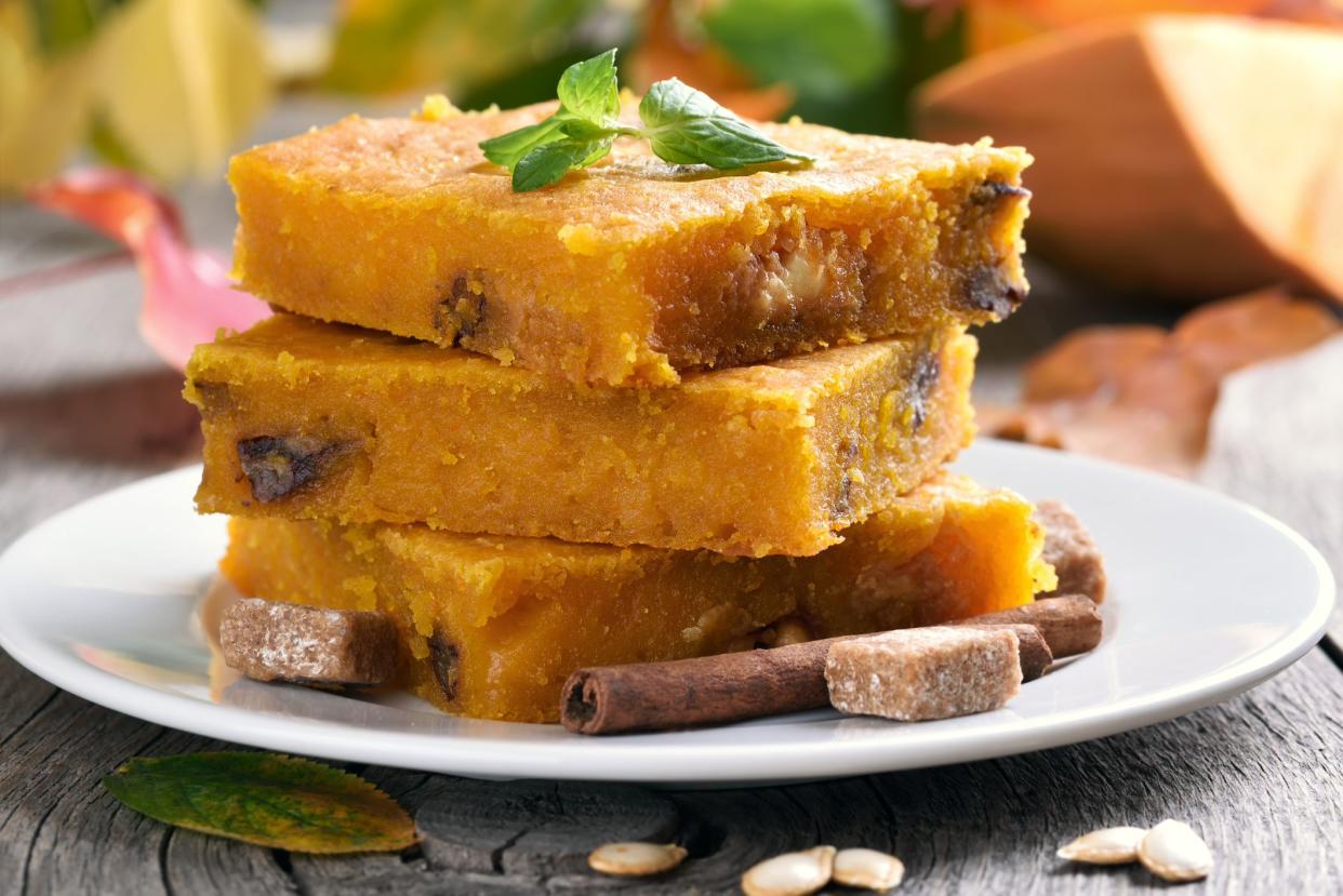 Sliced pumpkin pie with nuts, healthy vegetarian dessert