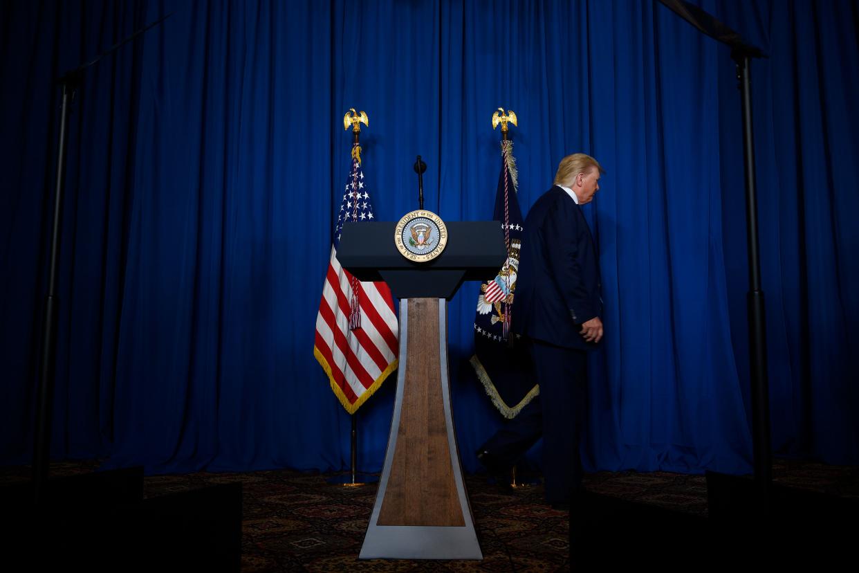 US President Donald Trump leaves after making a statement on Iran at the Mar-a-Lago estate in Palm Beach Florida, on January 3, 2020 after saying that America does not seek war or regime change with Iran, less than a day after the US launched an airstrike in Baghdad that killed Irans top general, Qasem Soleimani. (Jim Watson/AFP via Getty Images)