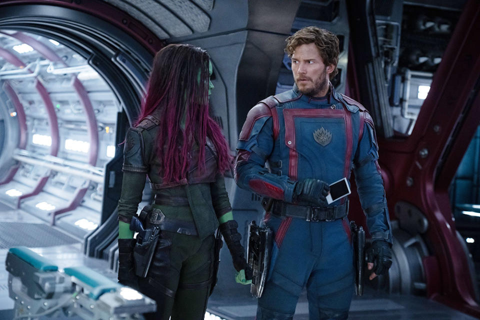 (L-R): Zoe Saldana as Gamora and Chris Pratt as Peter Quill/Star-Lord in Marvel Studios' Guardians of the Galaxy Vol. 3.