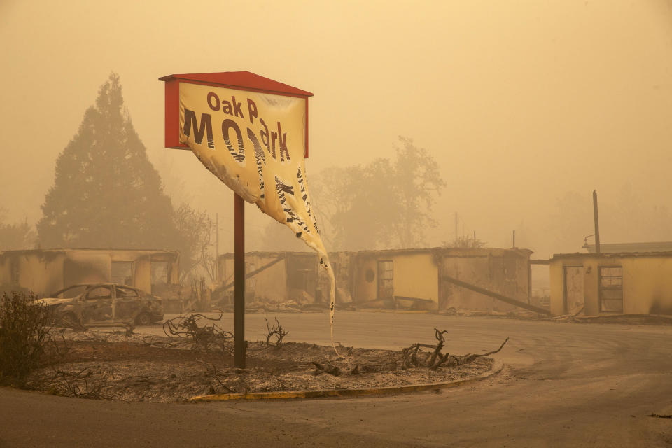 The Oak Park Motel was destroyed by the flames of the Beachie Creek Fire east of Salem, Ore., Sunday, Sept. 13, 2020. (Rob Schumacher/Statesman-Journal via AP, Pool)
