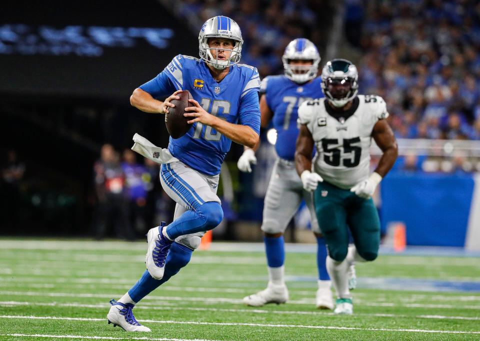 Detroit Lions quarterback Jared Goff runs against the Philadelphia Eagles during the second half at Ford Field, Sept. 11, 2022.