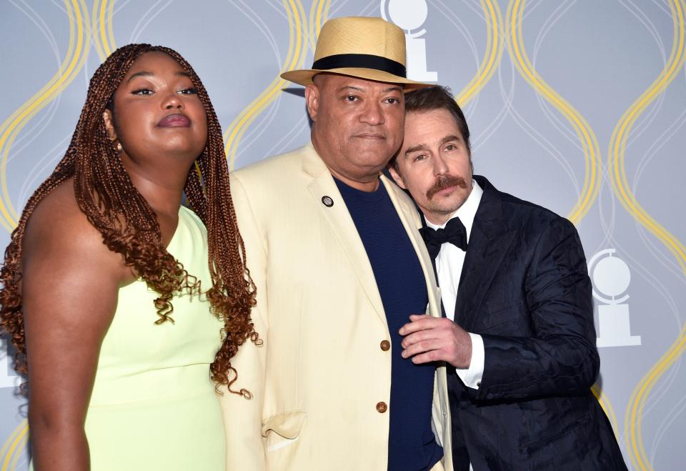 Sam Rockwell, from right, Laurence Fishburne and Delilah Fishburne arrive at the 75th annual Tony Awards.