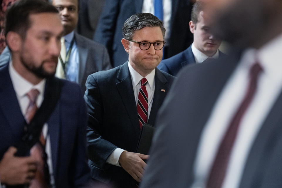 UNITED STATES - FEBRUARY 14: Speaker of the House Mike Johnson, R-La., leaves a meeting of the House Republican Conference in the U.S. Capitol on Wednesday, February 14, 2024. (Tom Williams/CQ-Roll Call, Inc via Getty Images)