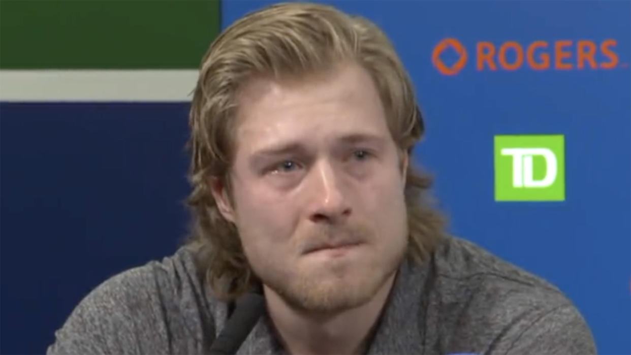 Canucks forward Brock Boeser fought back tears while discussing his father's health issues.