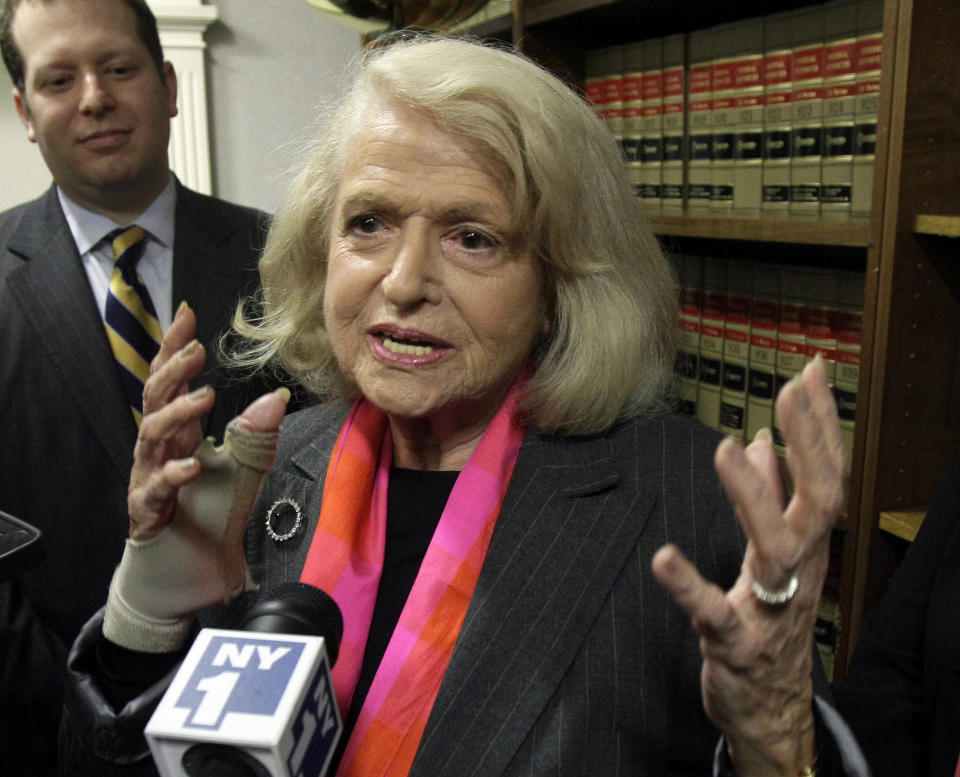 FILE - This Oct. 18, 2012 file photo shows Edith Windsor interviewed at the offices of the New York Civil Liberties Union, in New York. Windsor sued the government in November 2010 because she was told to pay $363,053 in federal estate tax after her partner of 44 years, Thea Spyer, died in 2009. The federal Defense of Marriage Act defines marriage as "a legal union between one man and one woman," and that's what the Internal Revenue Service follows when it comes to federal income taxes. AP Photo/Richard Drew, File)