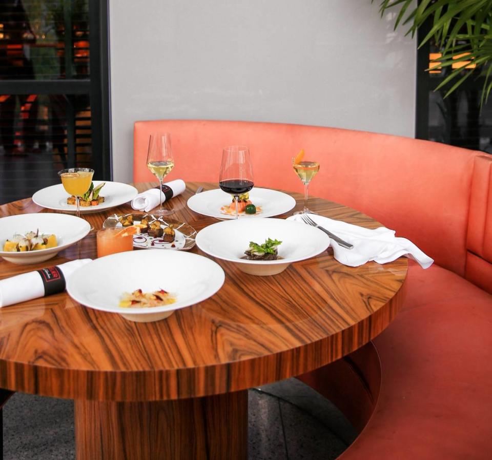 One of the outdoor banquettes at L’Atelier du Joel Robuchon in Miami’s Design District.