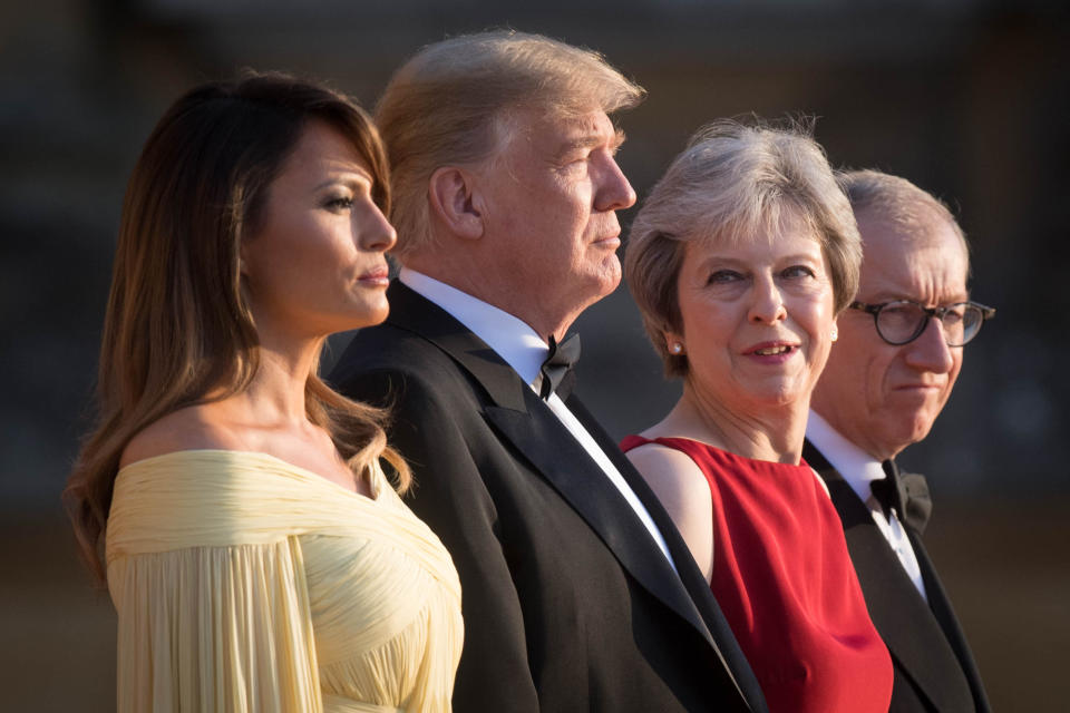 US President Donald Trump and his wife Melania are welcomed by Prime Minister Theresa May and her husband Philip May at Blenheim Palace, Oxfordshire, where Mrs May will host a dinner as part of his visit to the UK.