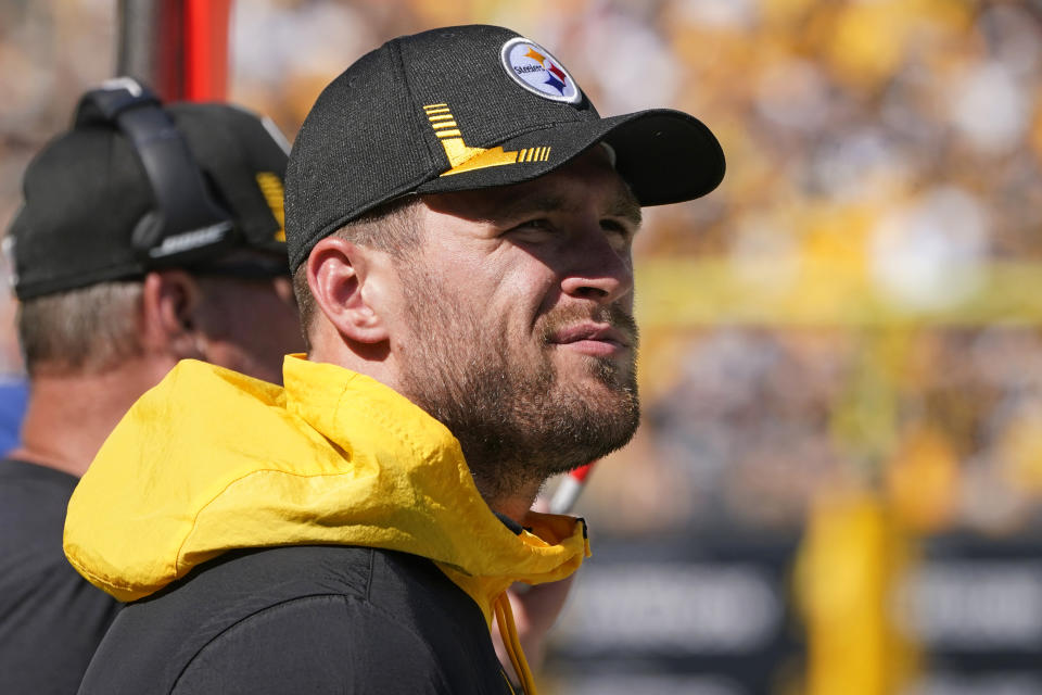 Pittsburgh Steelers outside linebacker T.J. Watt stands on the sidelines after being injured during the second half of an NFL football game against the Las Vegas Raiders, in Pittsburgh, Sunday, Sept. 19, 2021. (AP Photo/Keith Srakocic)